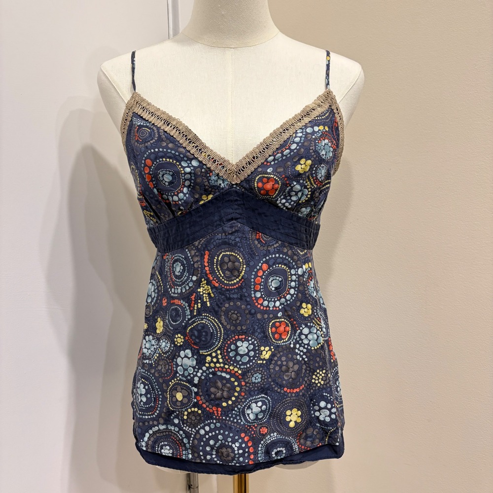 Y2K To The Max XS Navy Blue 100% Silk Geometric Dot Print Babydoll Cami Tank Top
